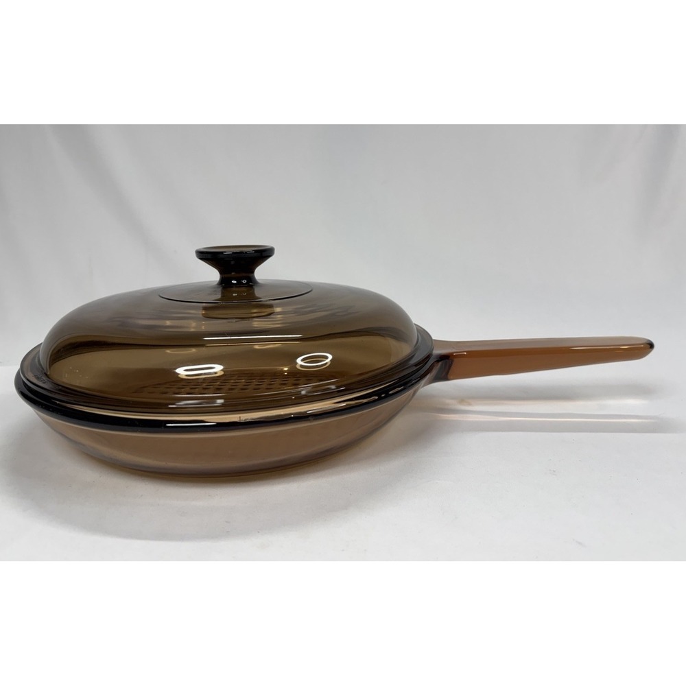 Vtg Corning Vision Ware 10" Amber Waffle Bottom Frying Pan Skillet w/Lid France - Picture 2 of 9